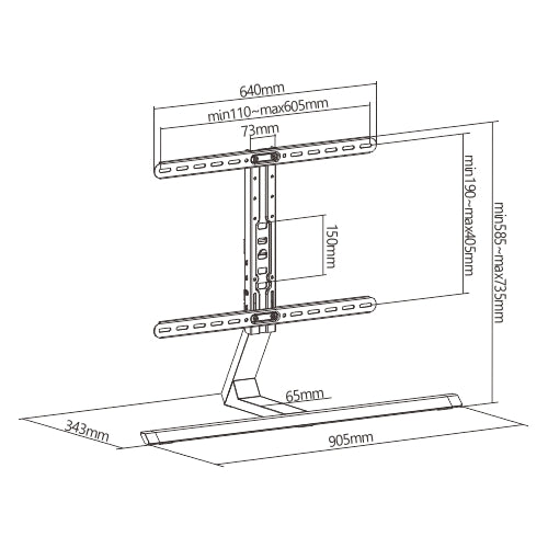 Wolff Mount Universel Aluminium TV-fod | Drejelig og Vipbar | Op til 75 tommer | Farve: Antracit | VESA 600x400 | Strømlinet Design