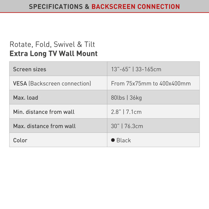 TV bracket for screens up to 65 inches (76 cm from the wall)