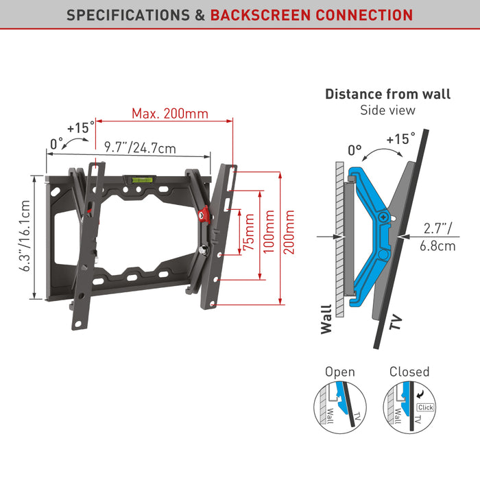 Compact tilting wall bracket for screens up to 43 inches