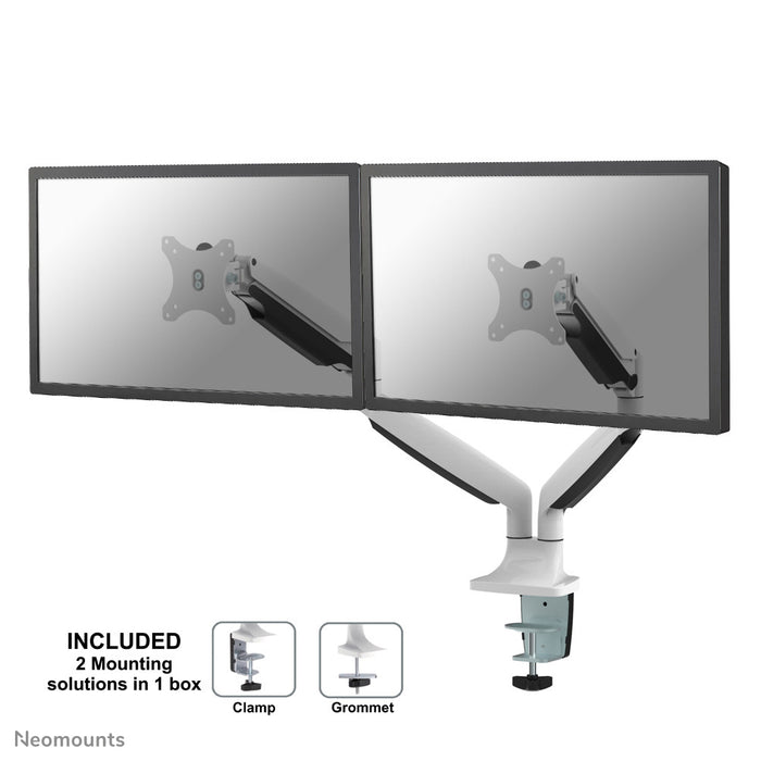 NM-D750DWHITE is a gas-suspended desk support for two flat screens up to 32 inches (82 cm).