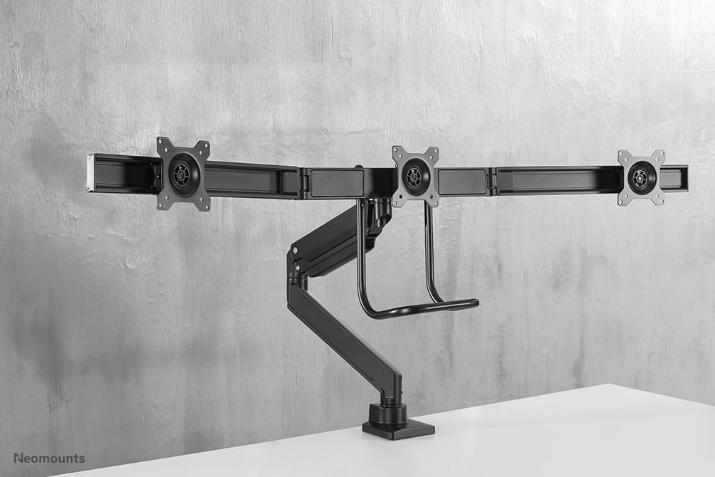 NM-D775DX3BLACK is a gas-suspended desk support with crossbar and lever for flat screens up to 27 inches (68.6 cm).
