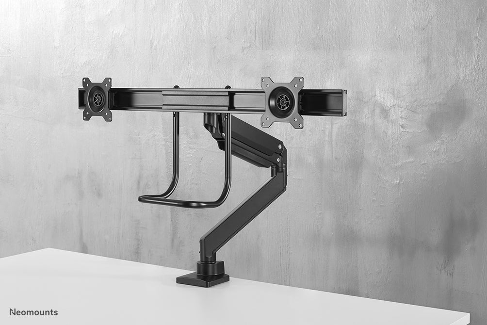 NM-D775DXBLACK is a gas-suspended desk support with crossbar and lever for flat screens up to 32 inches (81 cm).
