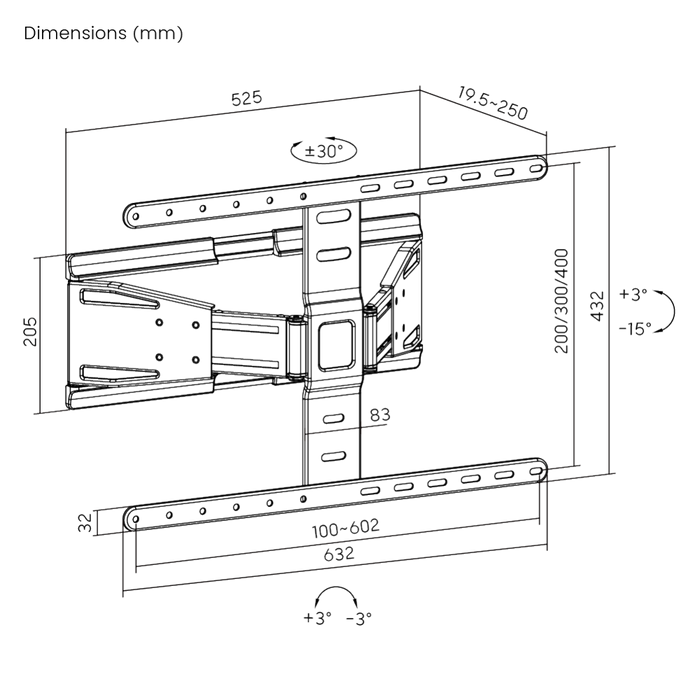 Soporte de pared para televisor Wolff Mount Ultra plano con movimiento completo | Distancia de 19,5 a 250 mm | Giratorio y basculante | VESA 600x400 | Universal